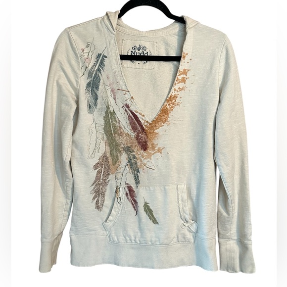 MUDD Long Sleeve V-Neck Hoodie Top Tan Beige Distressed Feather Print. Size L - Picture 1 of 8